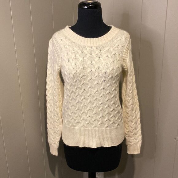 J.Crew Pullover Sweater Small White Angora Rabbit Hair-Wool Cable Knit - Picture 1 of 5